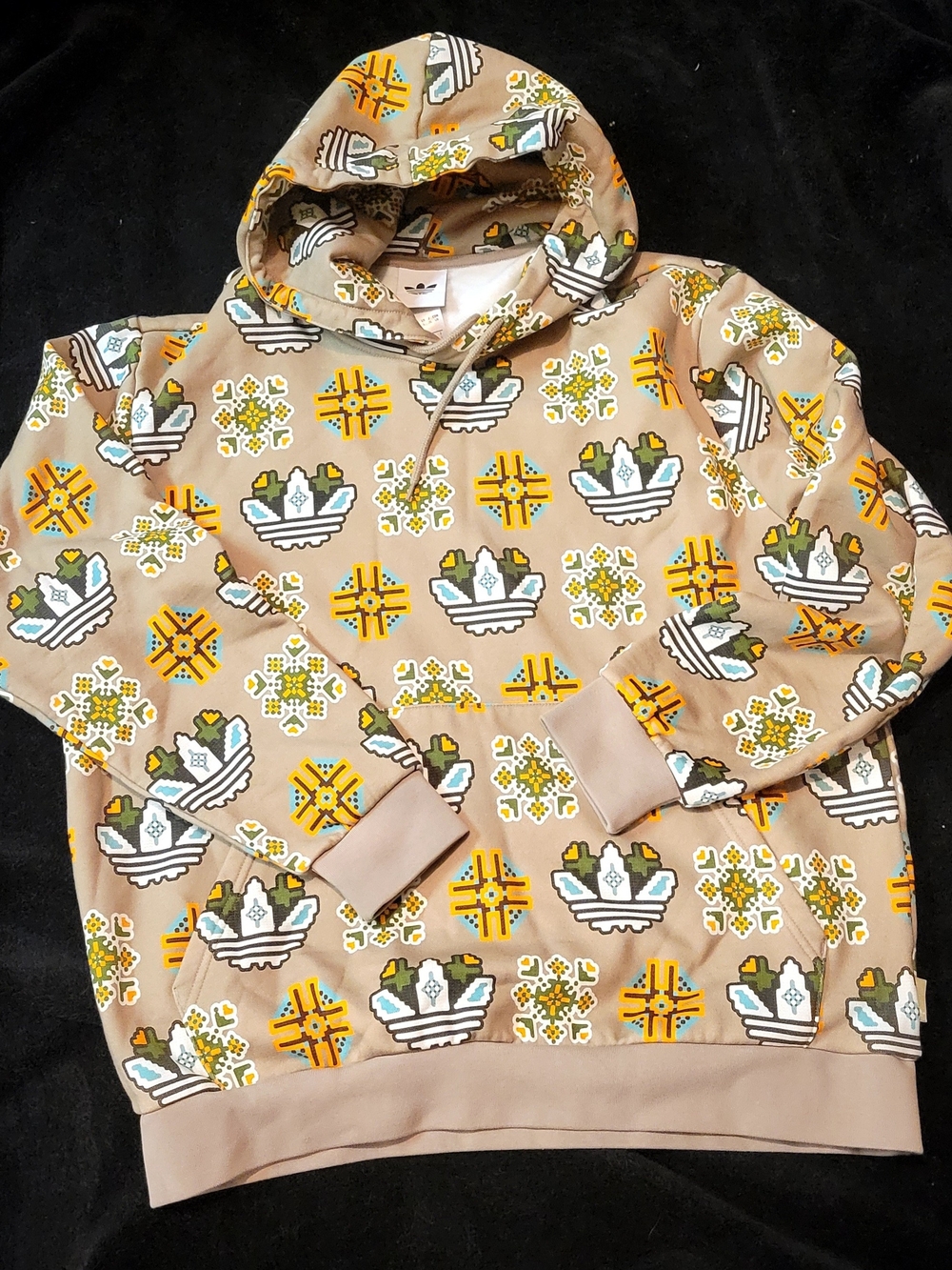 adidas Tan Hoodie with Yellow & Green Geometric Print